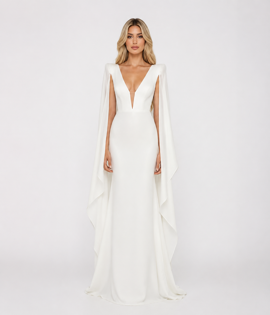 Ivory Cape Evening Gown – Elara