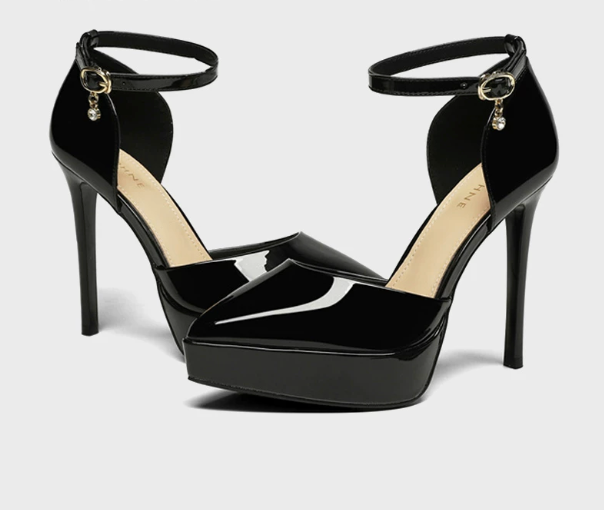 Black Patent Platform Ankle Strap Heels – Noir
