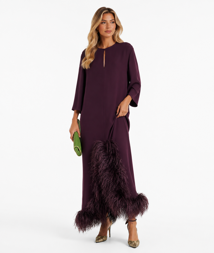 Feather-Trimmed Maxi Dress - Plum