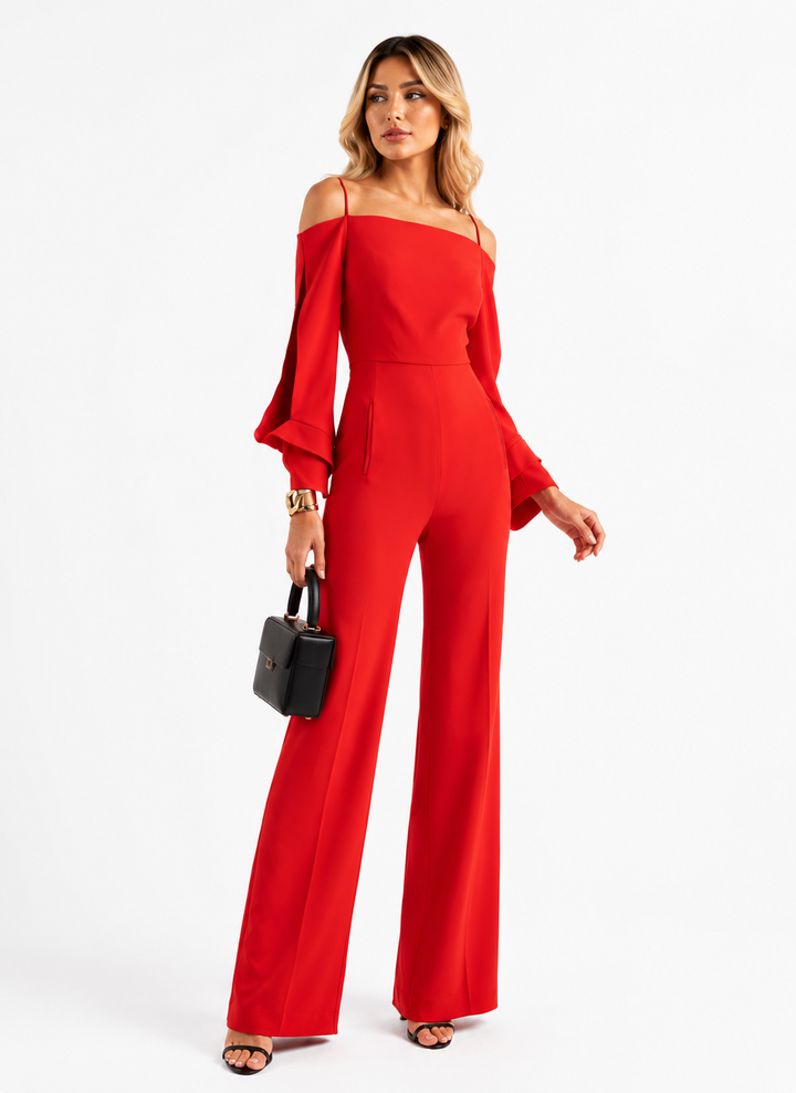 Cold-Shoulder Wide-Leg Jumpsuit - Scarlet