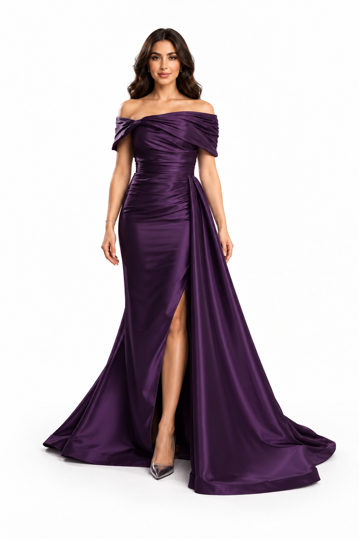 Ruched Off-Shoulder Satin Evening Gown - Splendor