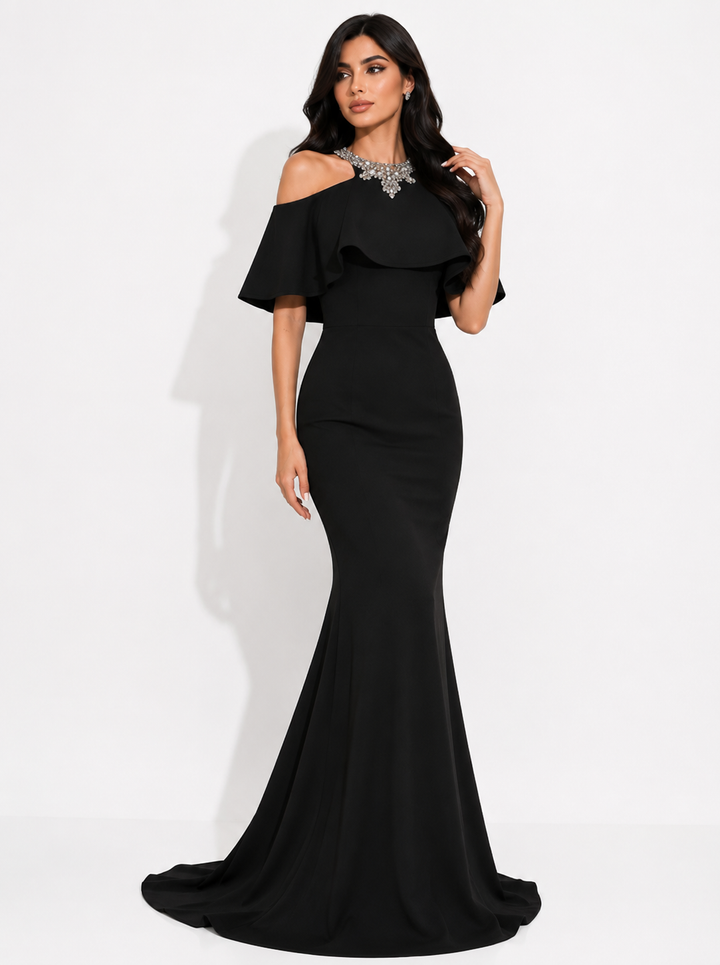 Ruffle Halter Mermaid Gown - Noir