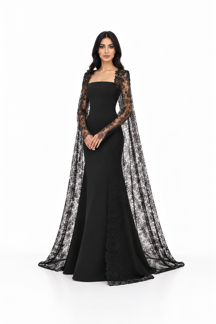 Strapless Lace Cape Evening - Noir