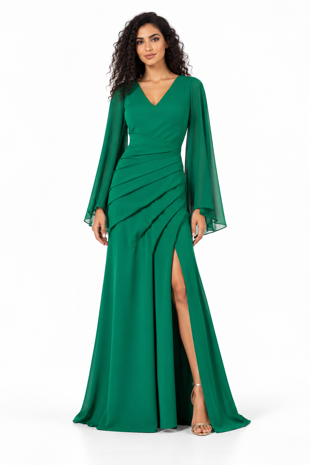 Draped V-Neck Cape Sleeve Evening Gown - Veridia