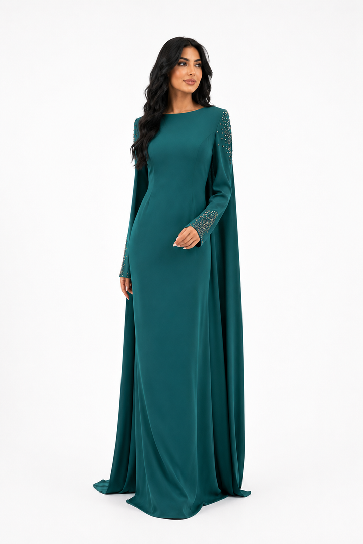 Embellished Cape Sleeve Gown – EMERALIS