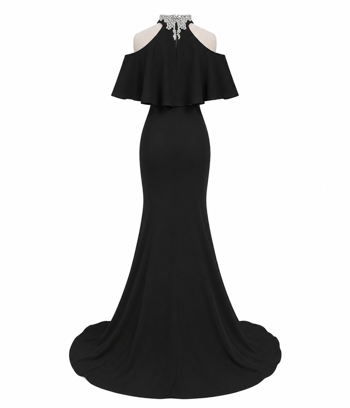 Ruffle Halter Mermaid Gown - Noir