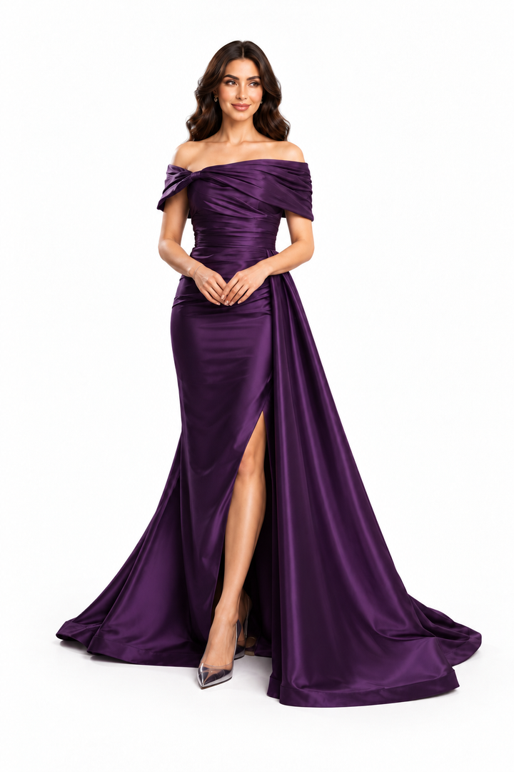 Ruched Off-Shoulder Satin Evening Gown - Splendor