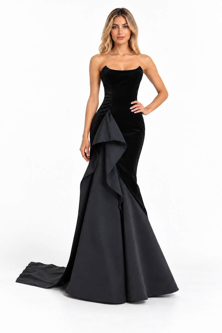 Black Strapless Ruffled Mermaid Maxi Dress - Ravenna