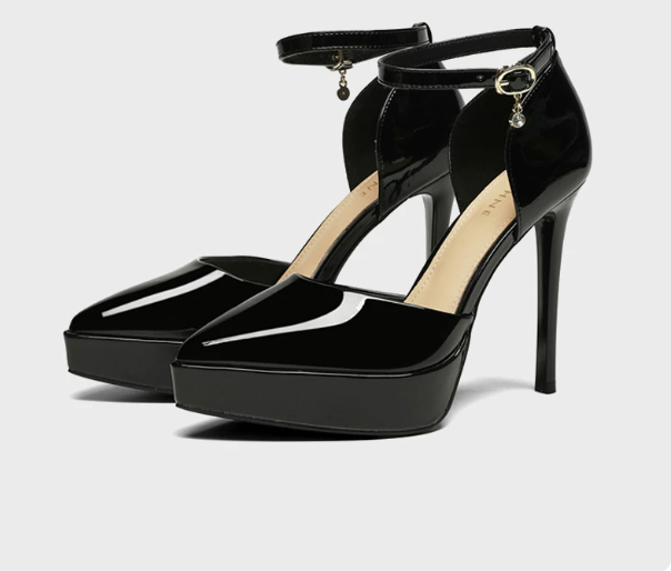 Black Patent Platform Ankle Strap Heels – Noir