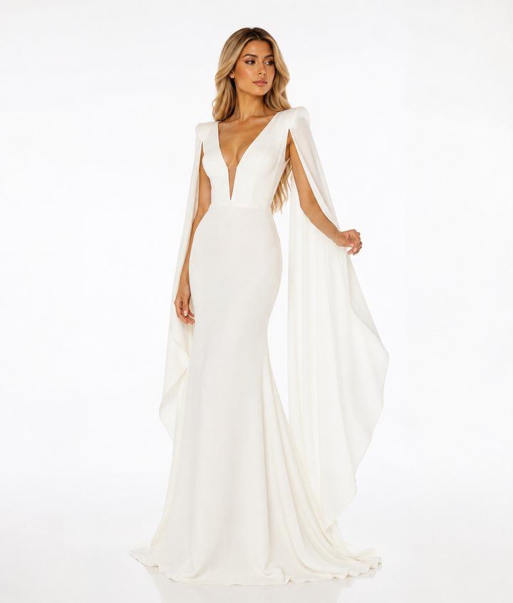 Ivory Cape Evening Gown – Elara