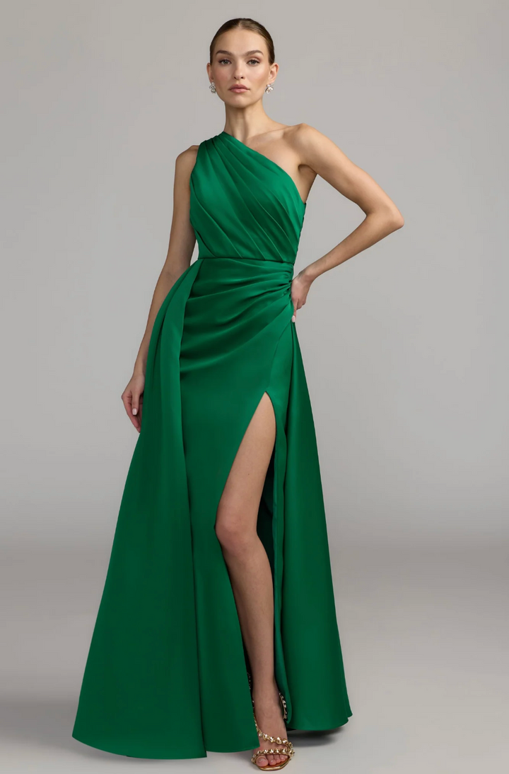 One-Shoulder Draped Satin Maxi Dress - Emerald