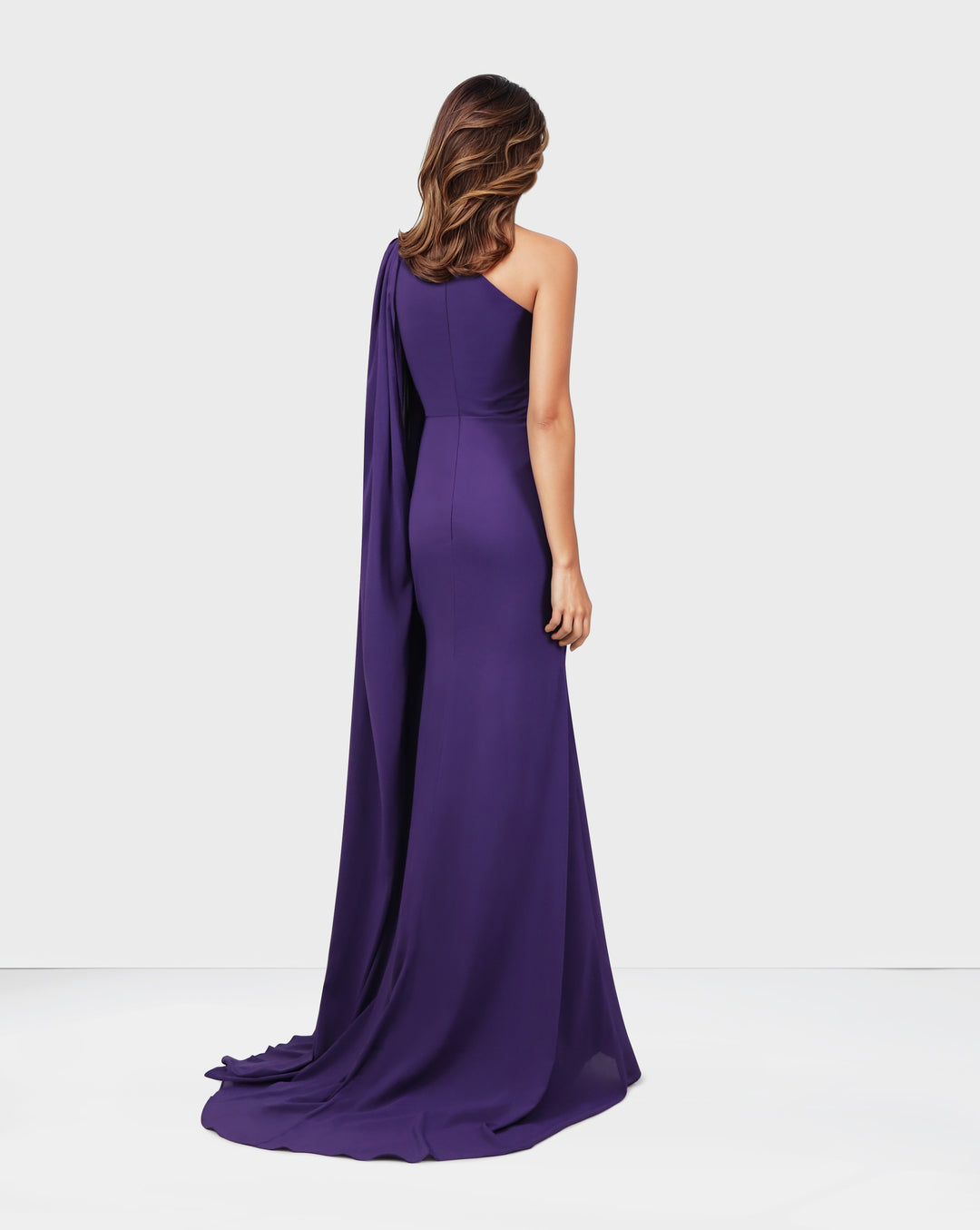 Shoulder off draped dress with long floor sleeve