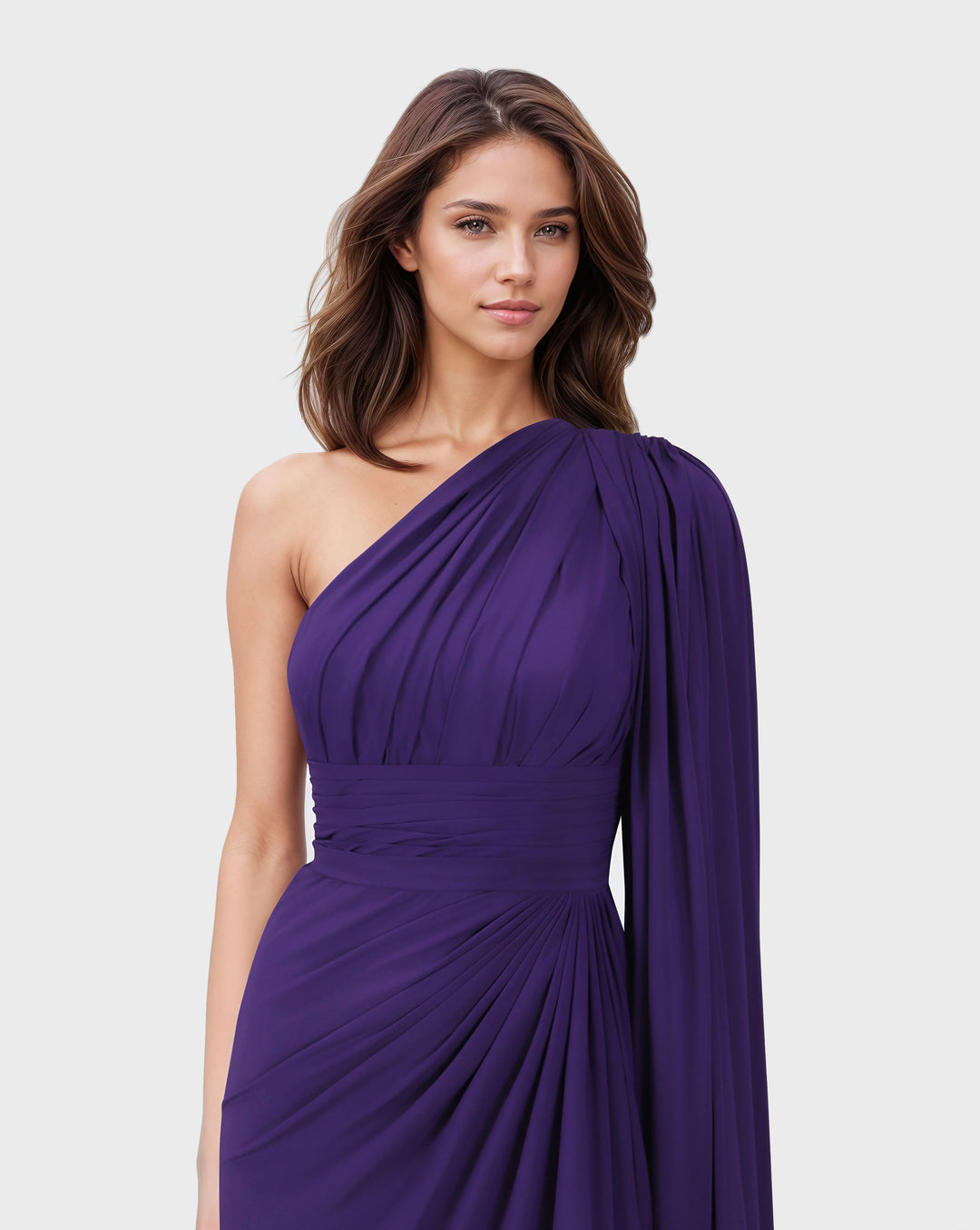 Shoulder off draped dress with long floor sleeve