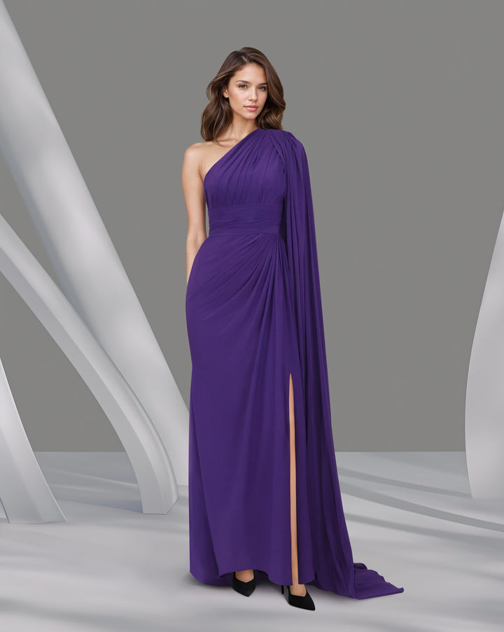 Shoulder off draped dress with long floor sleeve