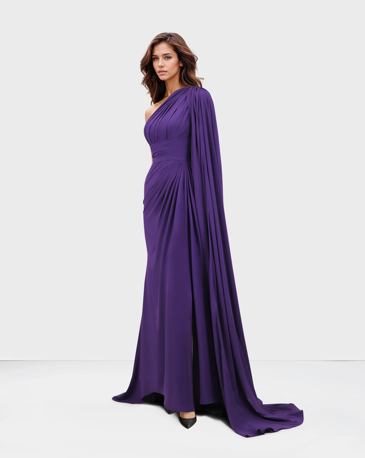 Shoulder off draped dress with long floor sleeve