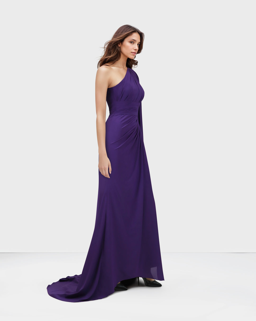 Shoulder off draped dress with long floor sleeve