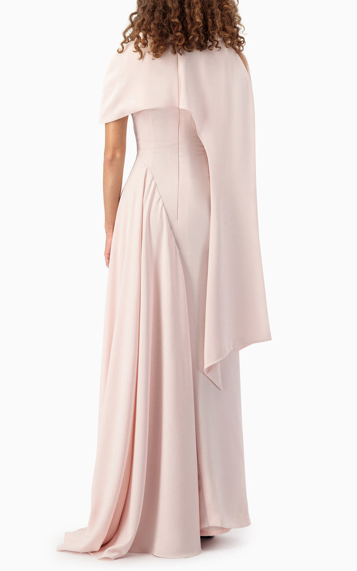 asymmetric draped gown with sculpted shoulder cape – NOIR