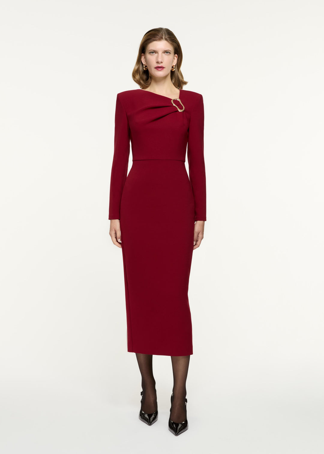 long-sleeve sheath dress with draped neckline detail – RUBINA