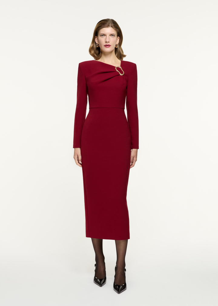 long-sleeve sheath dress with draped neckline detail – RUBINA
