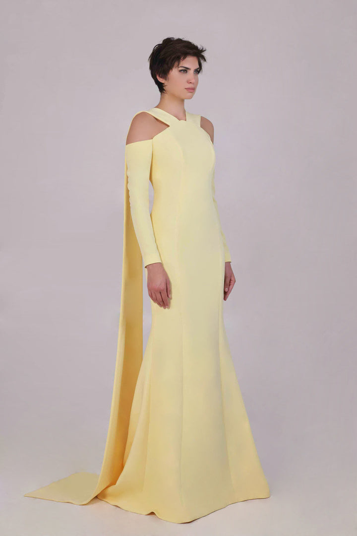 Cold-shoulder long sleeve column gown with crossover neckline – LUMINA