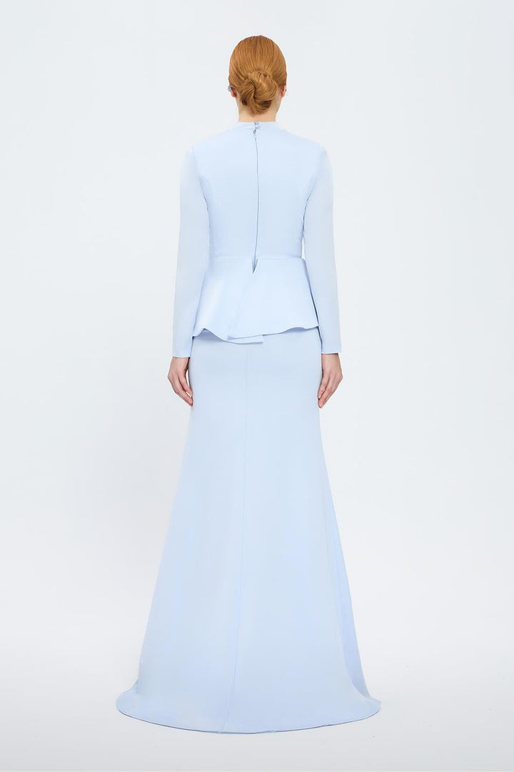 long-sleeve peplum gown with crystal draping – SERENE