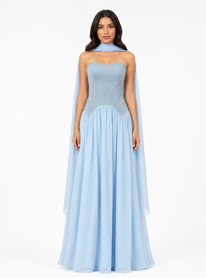 strapless corset dress with flowing chiffon skirt and scarf detail – SKY