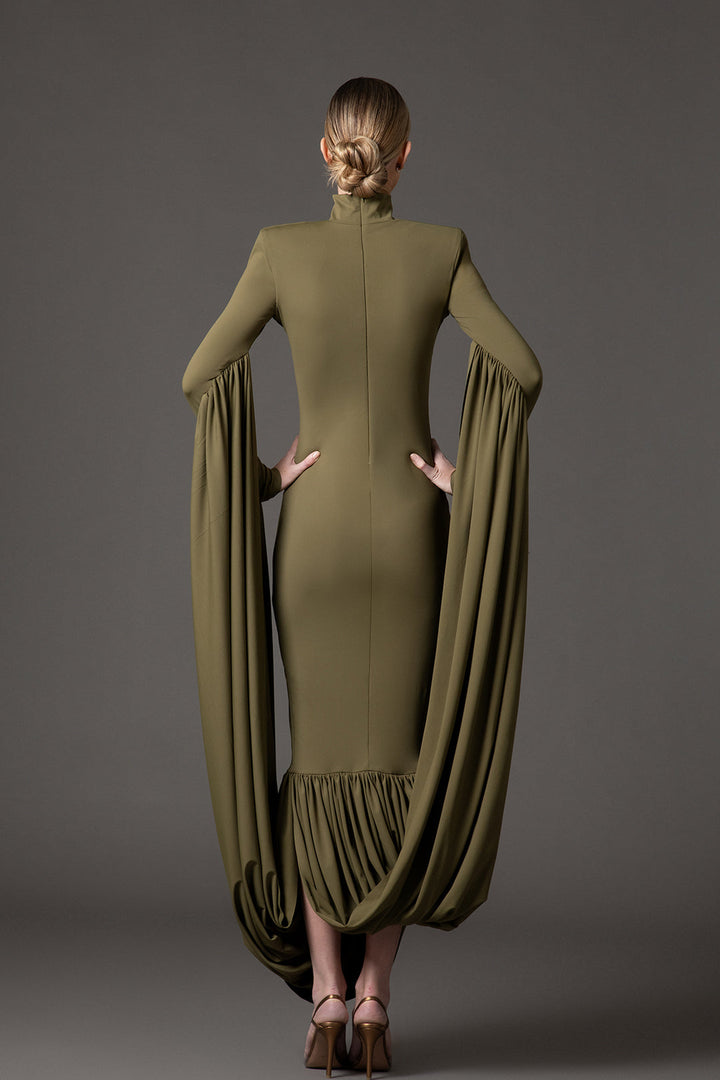 high-neck column gown with dramatic draped sleeves – OLIVIAE