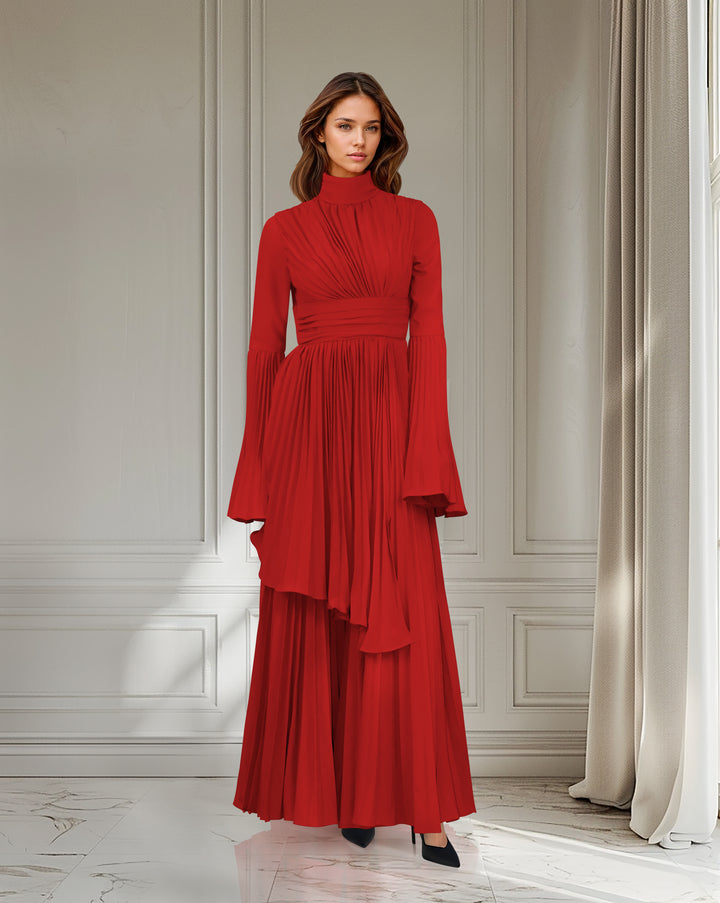 Pleated dress with bell cuffs