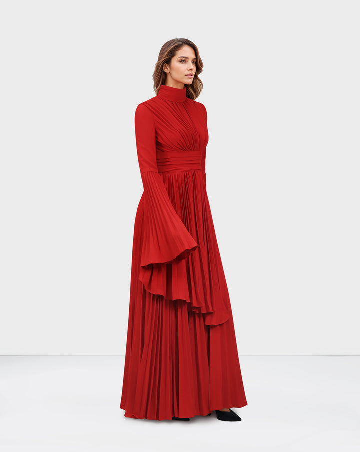 Pleated dress with bell cuffs