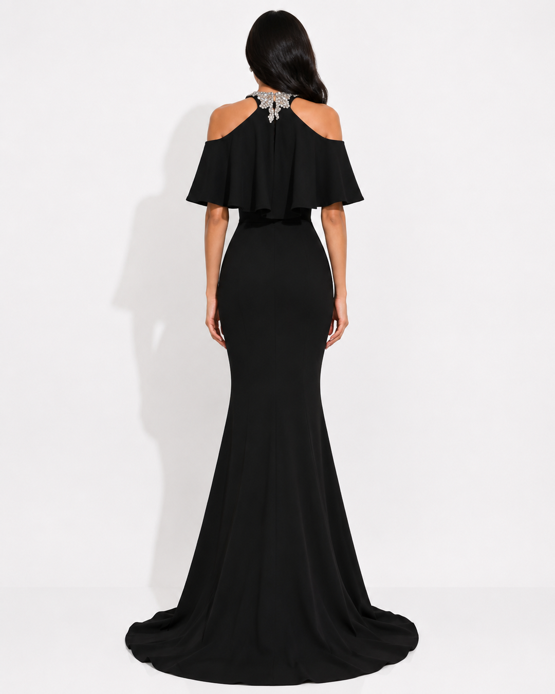 Ruffle Halter Mermaid Gown - Noir