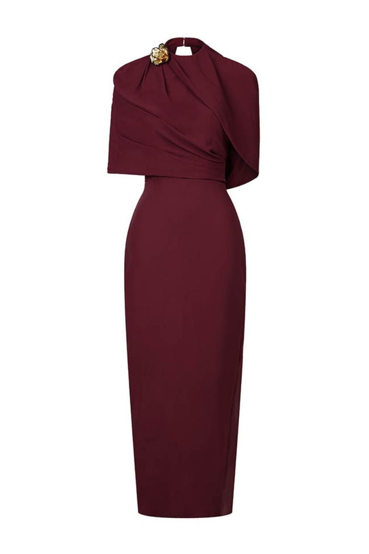 asymmetric cape gown with sculpted shoulder detail – ADRIANA