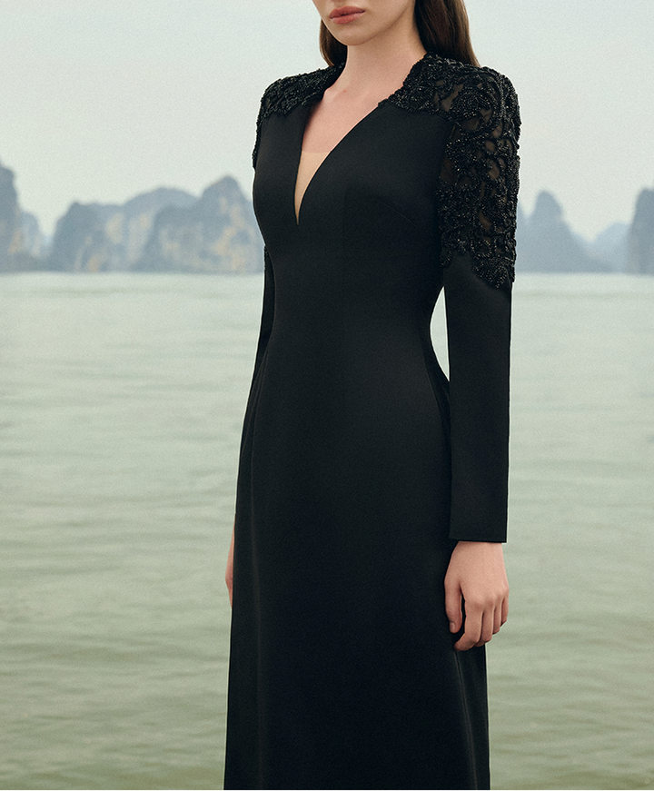 embellished shoulder gown with plunging neckline – NOCTURNE