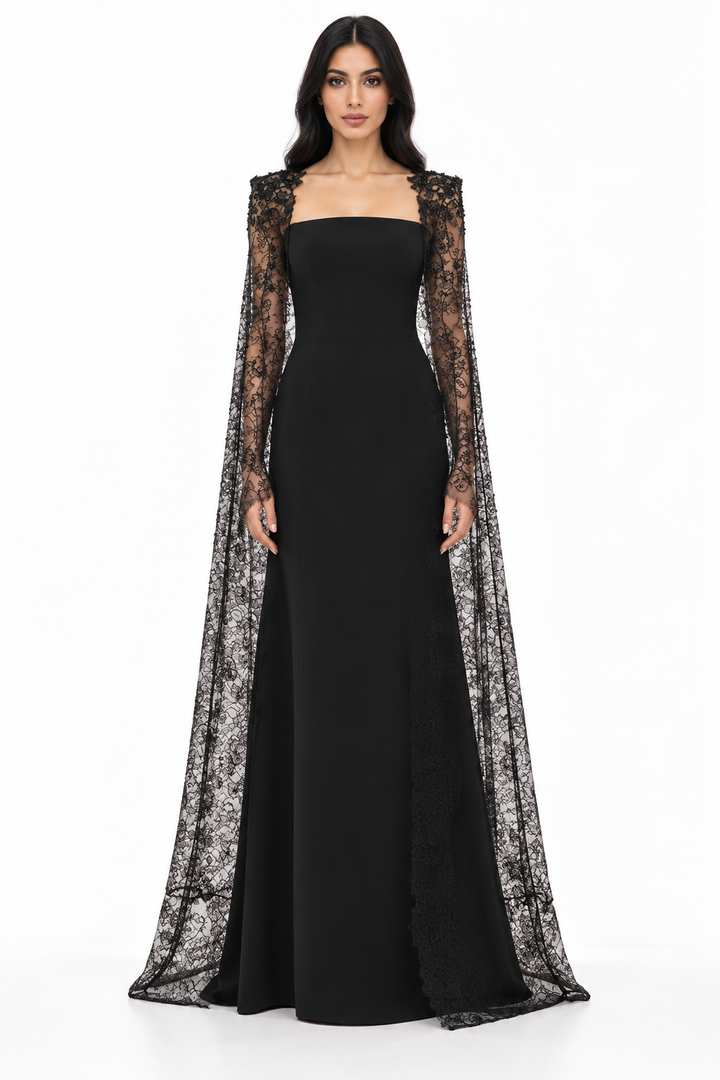 Strapless Lace Cape Evening - Noir