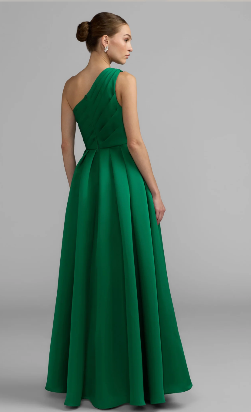 One-Shoulder Draped Satin Maxi Dress - Emerald