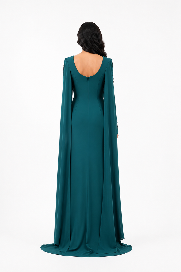 Embellished Cape Sleeve Gown – EMERALIS