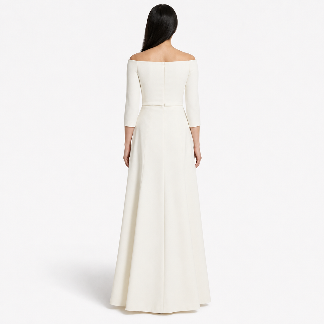 Ivory Off-Shoulder Ruffle Evening Gown – ELEGANCE