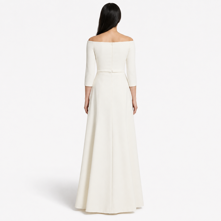 Ivory Off-Shoulder Ruffle Evening Gown – ELEGANCE