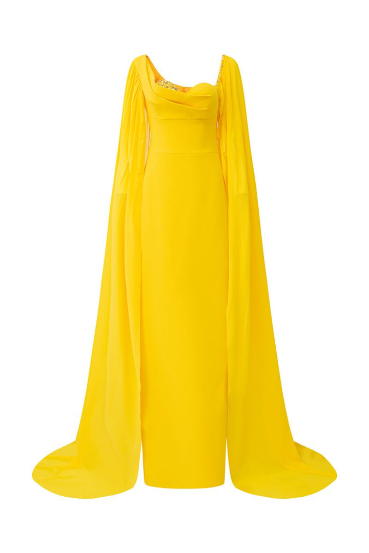 cape-sleeve gown with sculpted sweetheart neckline – SOLARA