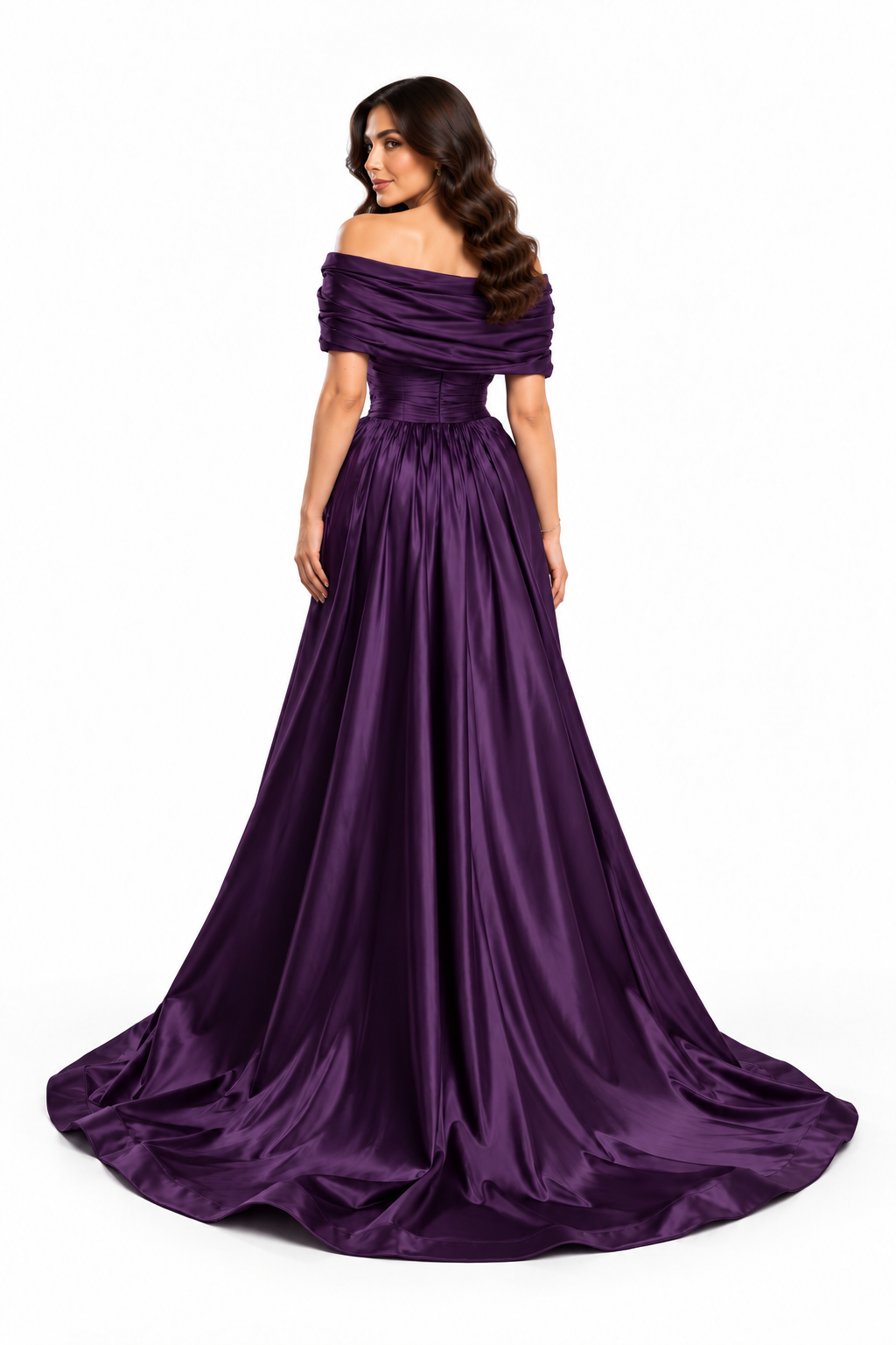 Ruched Off-Shoulder Satin Evening Gown - Splendor