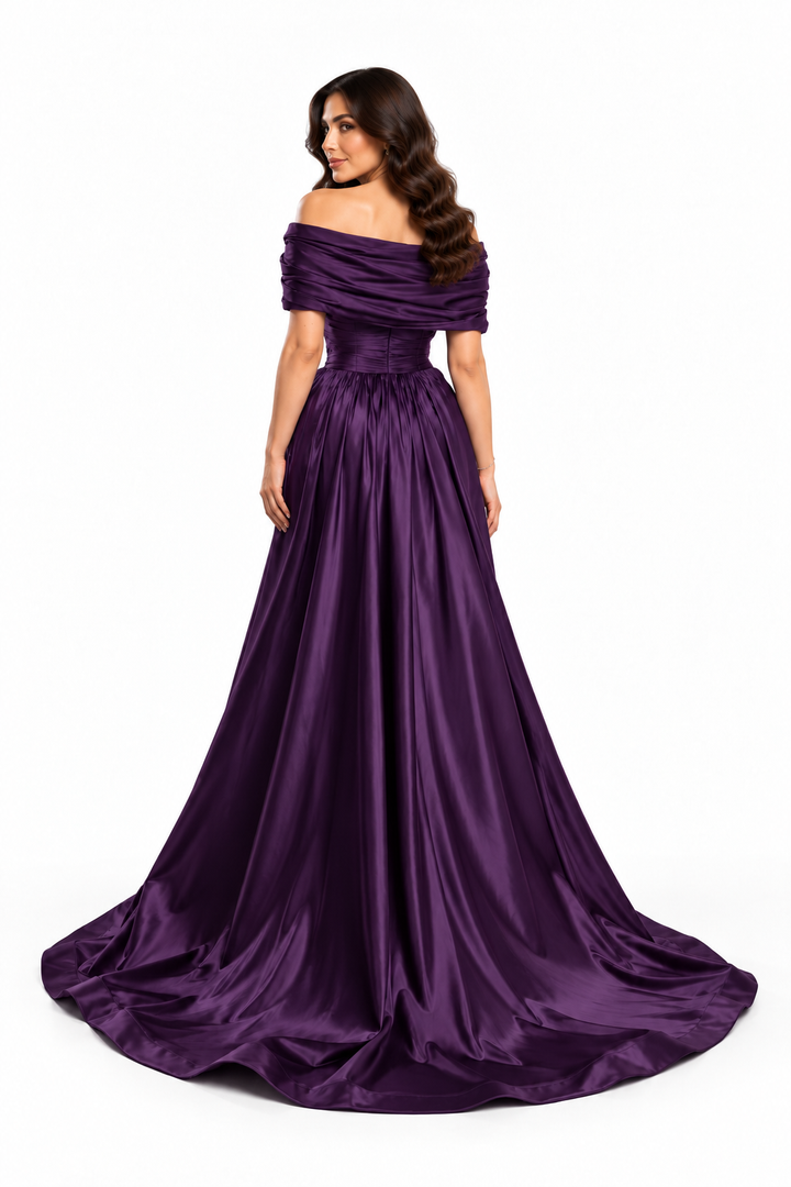 Ruched Off-Shoulder Satin Evening Gown - Splendor