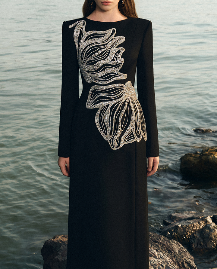 embellished sculptural gown with long sleeves – OCEANA