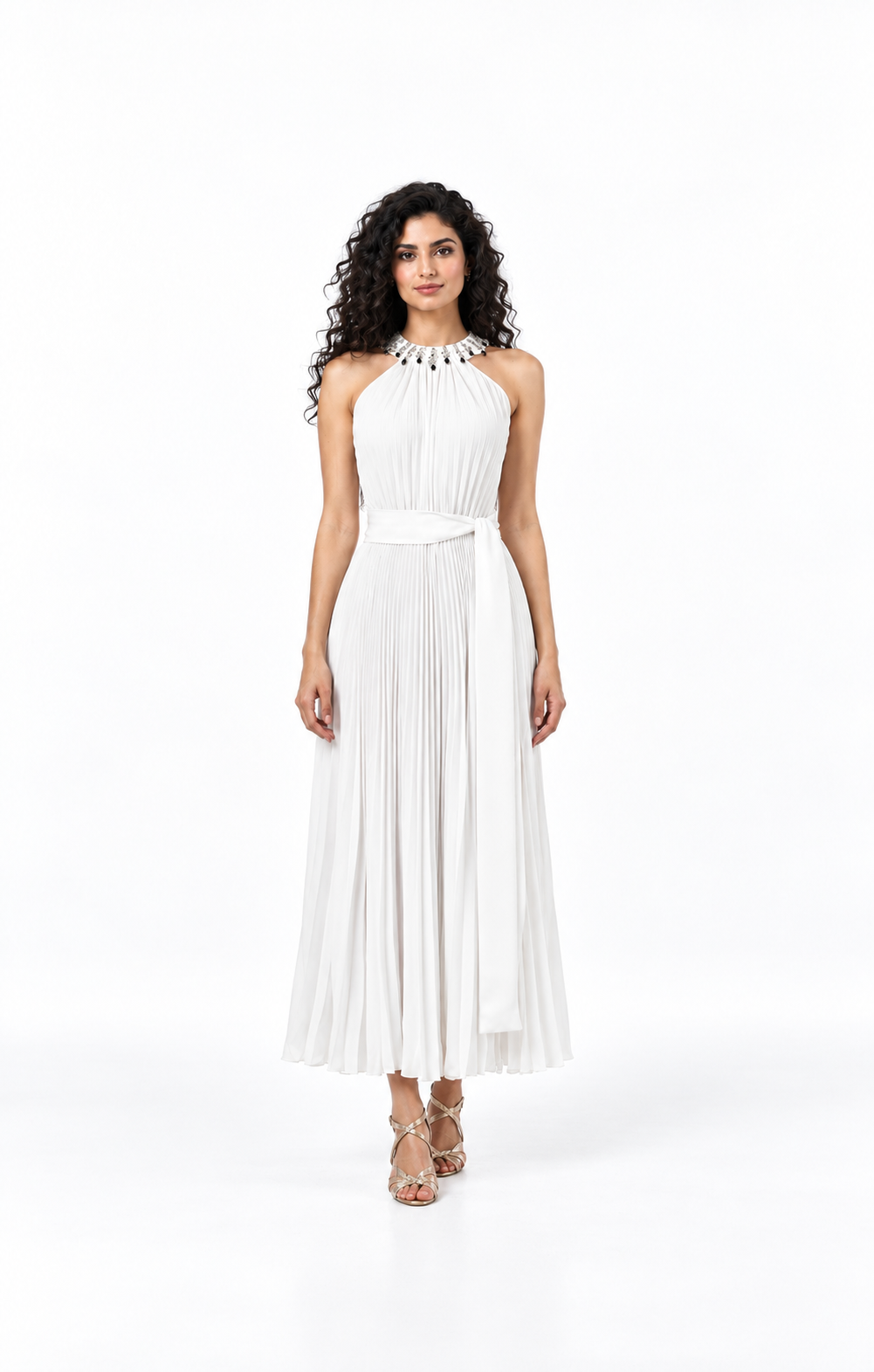 Embellished Halter Pleated Midi Dress - Solenne