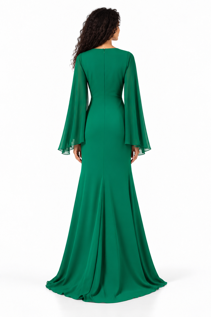 Draped V-Neck Cape Sleeve Evening Gown - Veridia