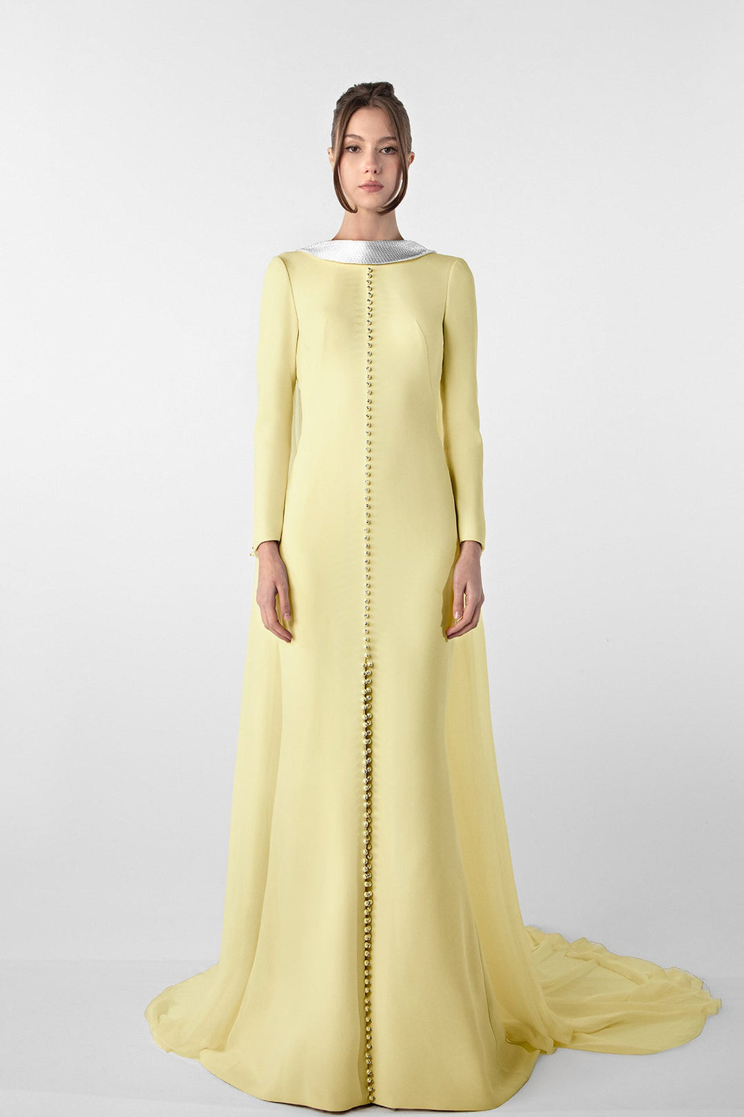 long-sleeve column gown with pearl button front – AURELIA