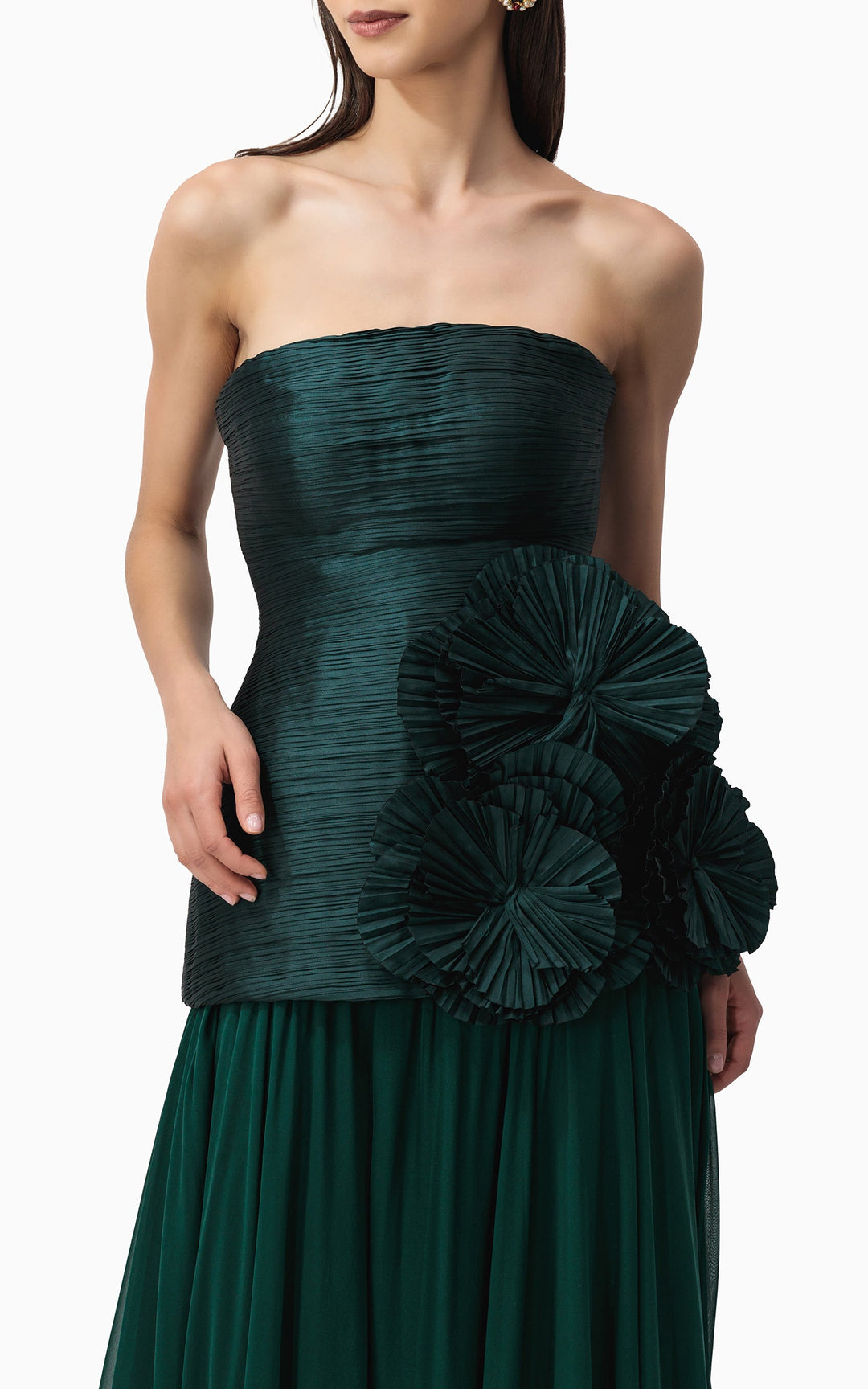 strapless pleated gown with oversized floral appliqués – EMERALD
