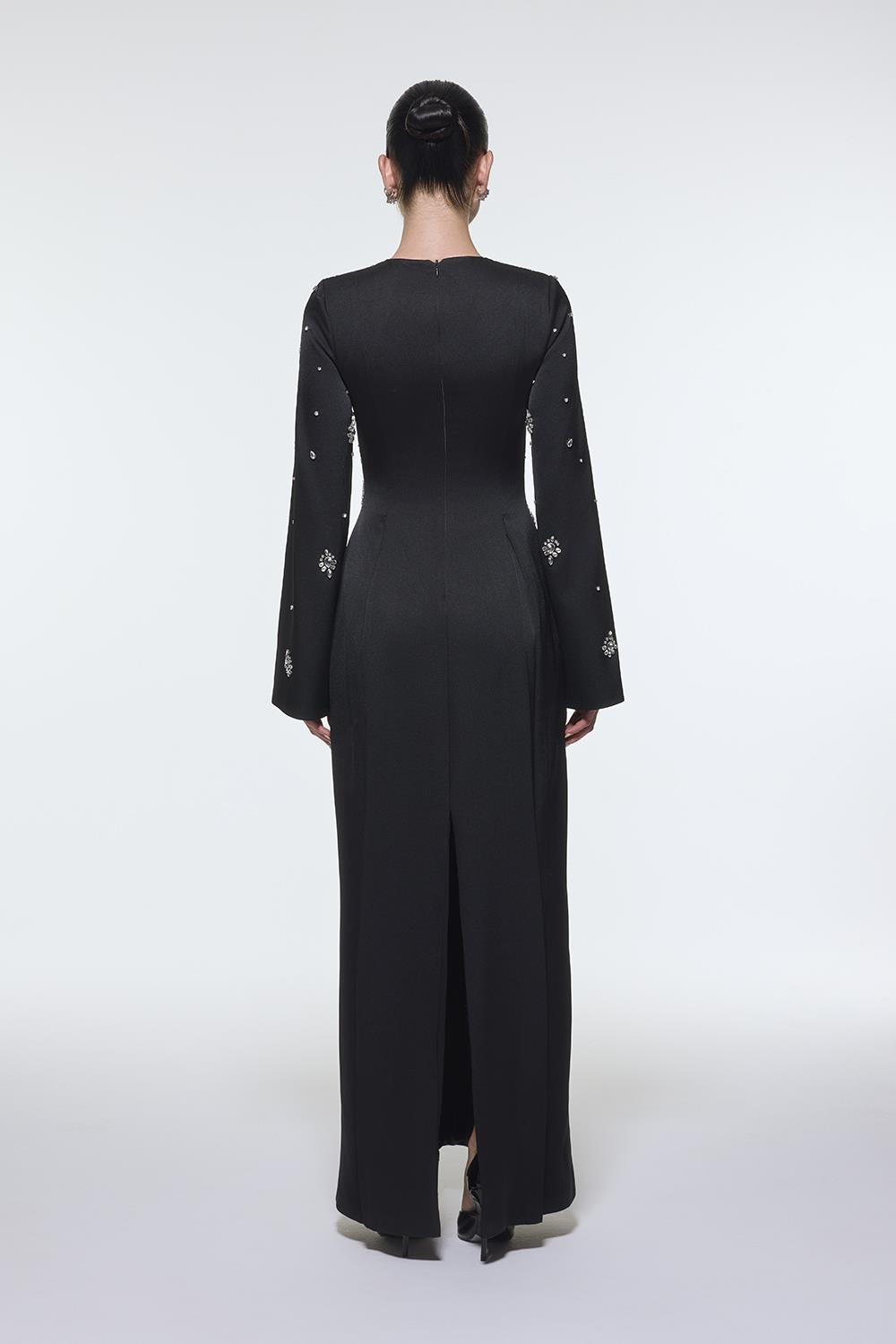 long-sleeve column gown with scattered crystal embellishments – NOIRÉ