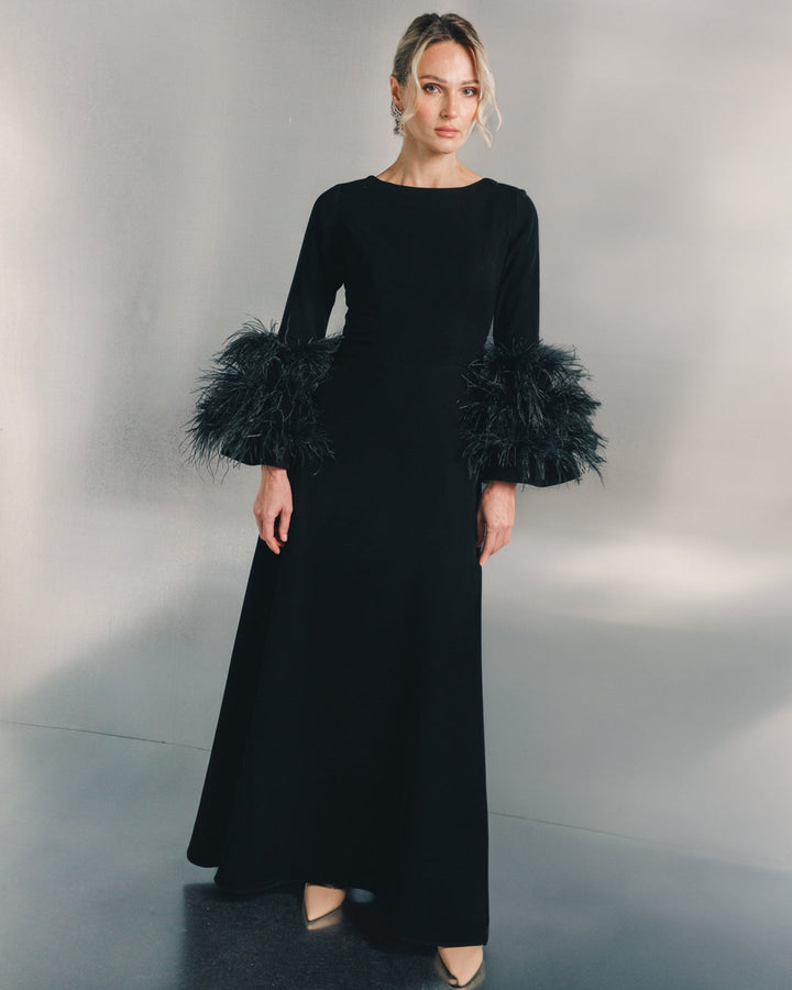 long-sleeve evening gown with feather cuffs – SCARLETT
