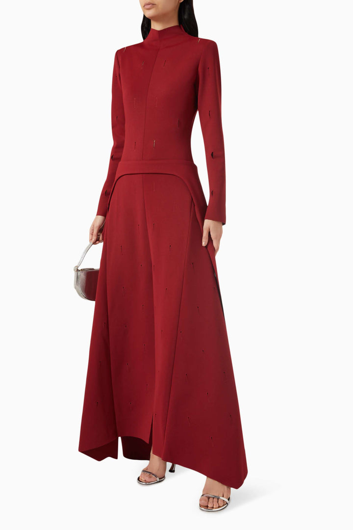 high-neck long-sleeve gown with front slit – RUBINA