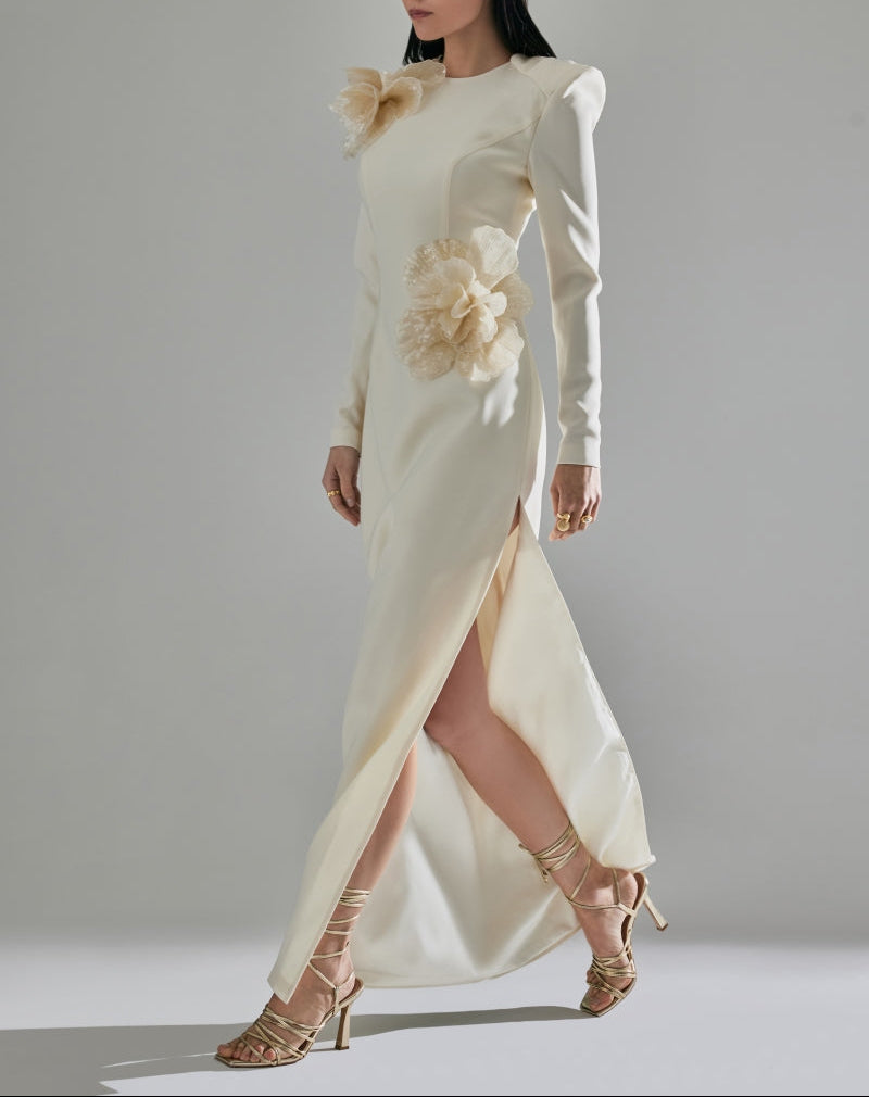 Long-sleeve gown with oversized floral appliqués – IVORINE