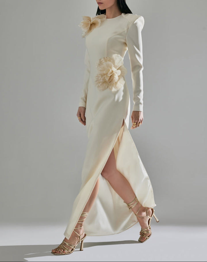 Long-sleeve gown with oversized floral appliqués – IVORINE